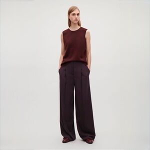 COS Wool Blend Wide Leg Trousers Plum High Rise Tailored Size 34 / US 2